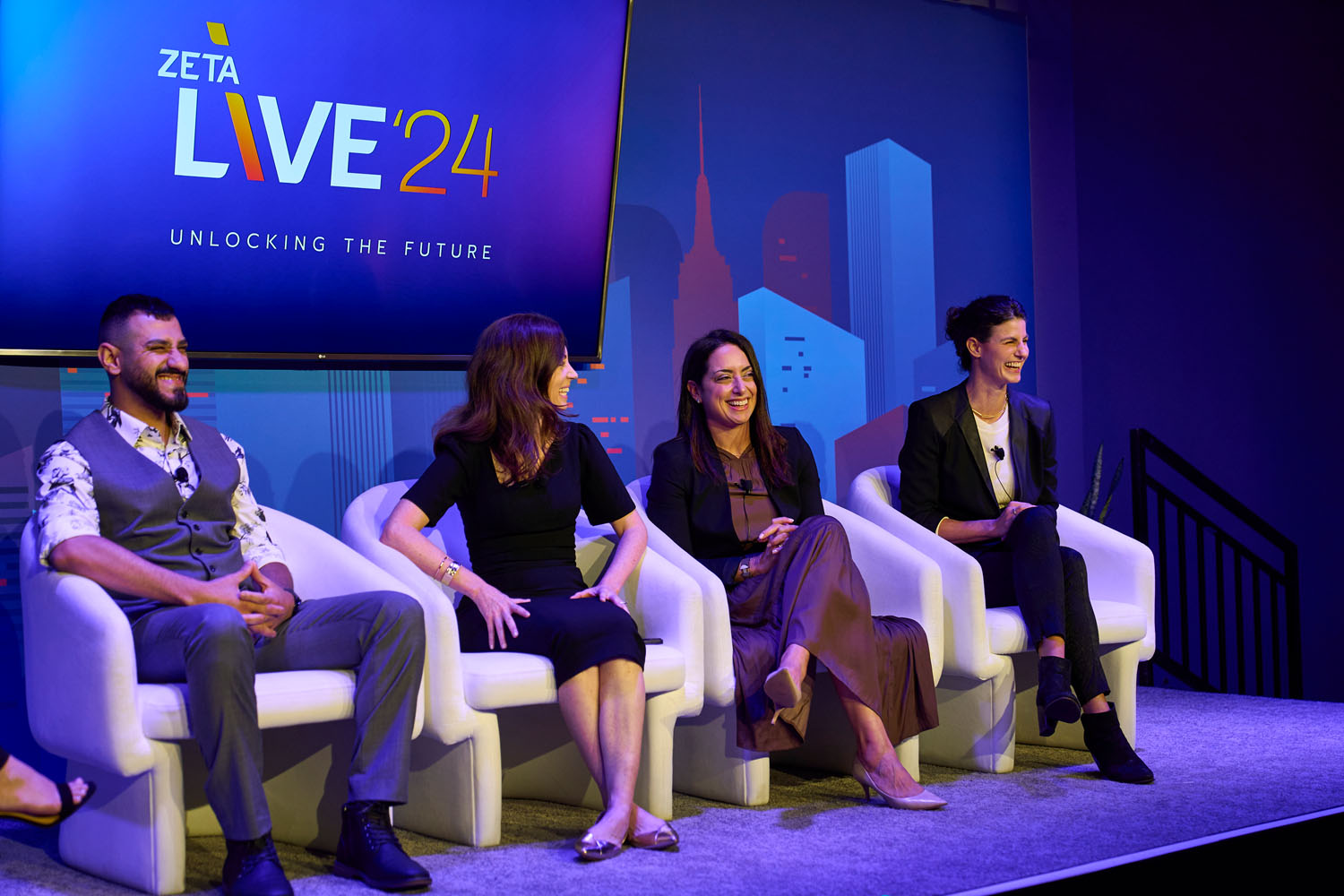 Kara Trivunovic, Zeid Khater, Kelly Mahoney, Alyce Panico, and Chessia Kelley McBride at Zeta Live 2024 discussing AI-powered marketing strategies.