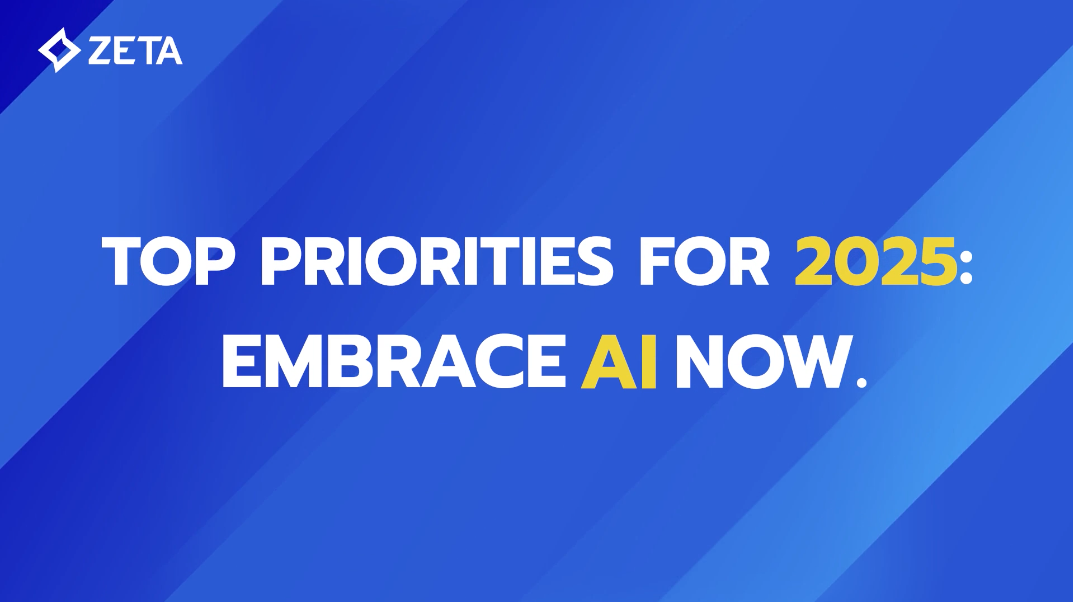 Blue graphic with text: Top Priorities for 2025: Embrace AI Now.